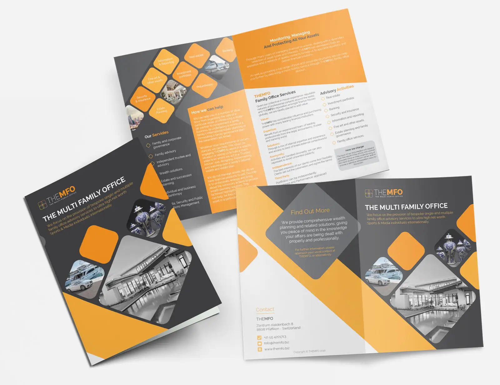 Modern business brochures with orange and gray design elements