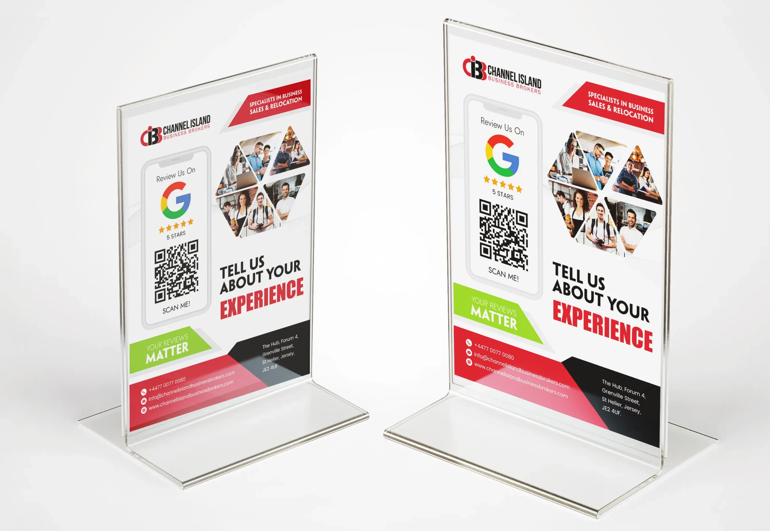 Two table signs displaying feedback and QR code request