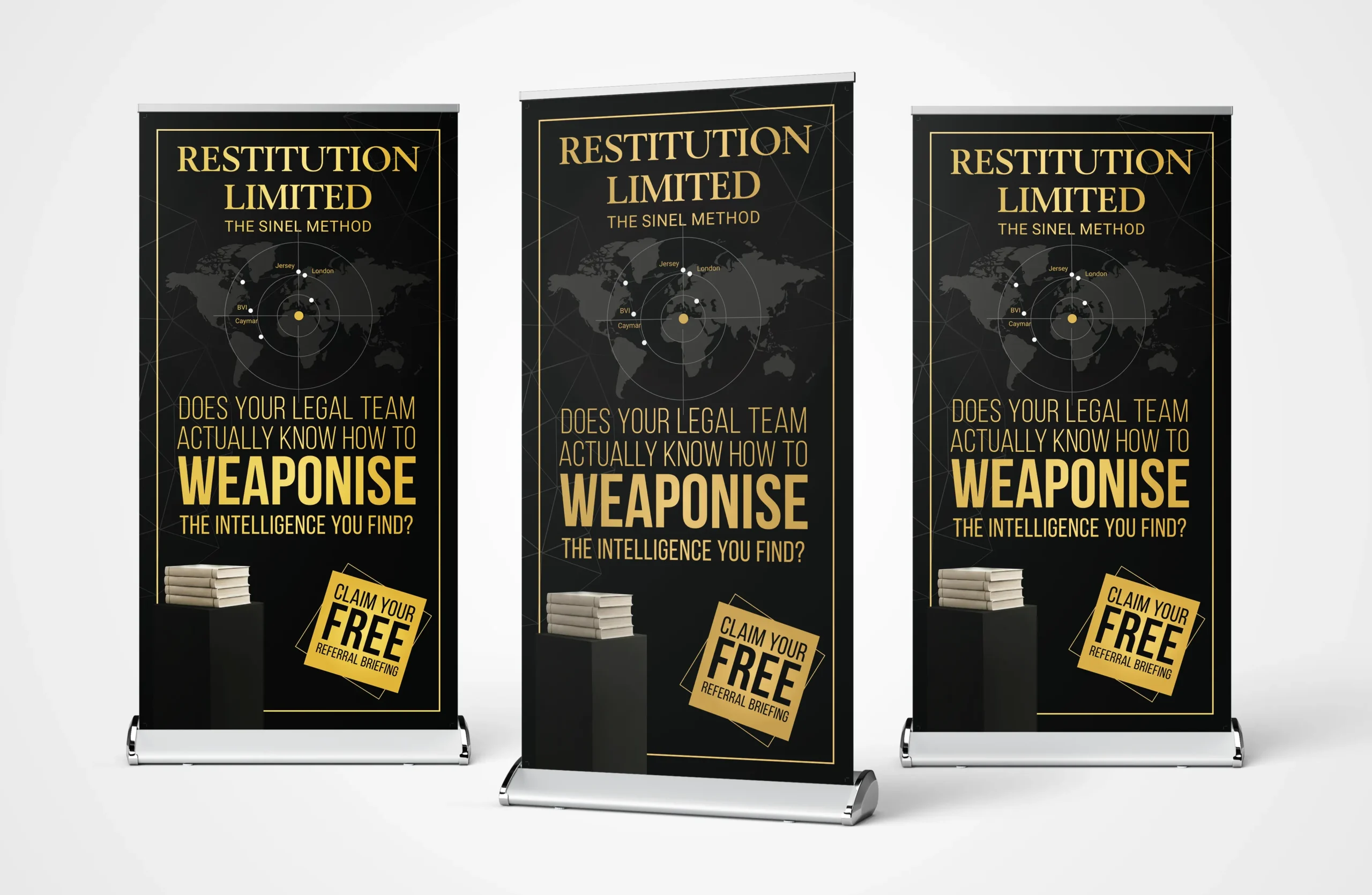 Legal service promotional banners displayed in a row.