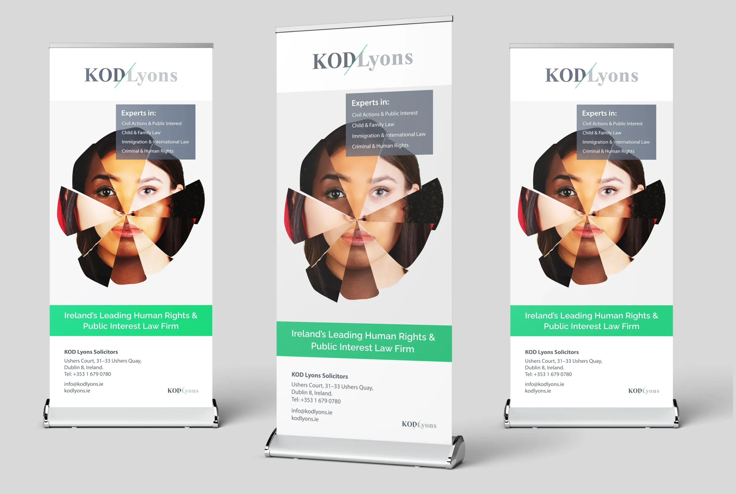 Three law firm promotional banners with a woman's portrait